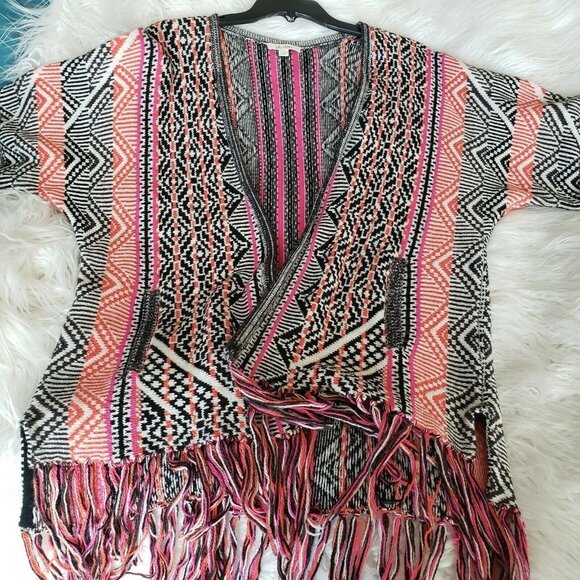 ELLA MOSS Cashmere Blend Malika Fringe Kimono Sweater Tangelo‎ Small Boho - Picture 2 of 11